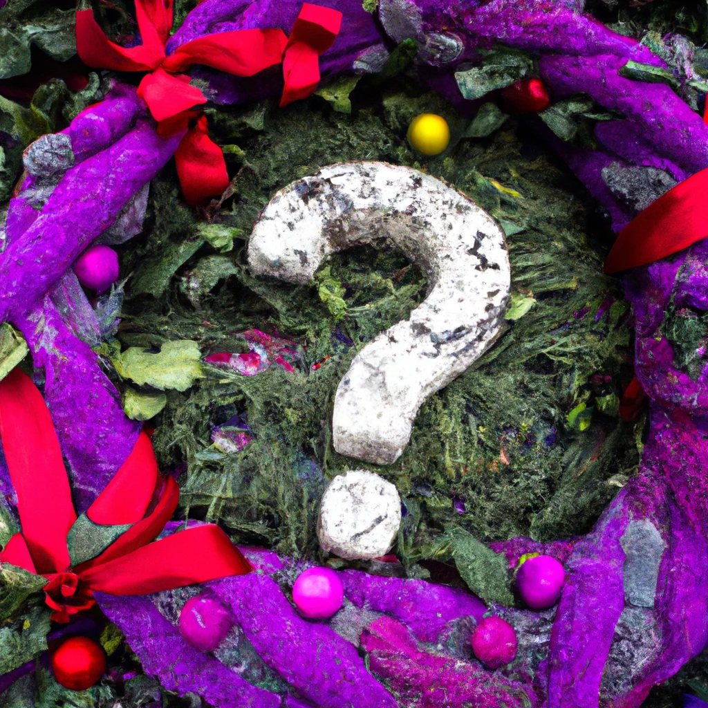 A question mark circled by a purple and red wreath.